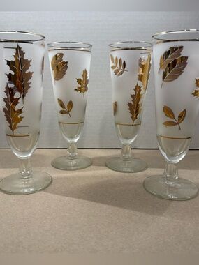 Libbey Gold Leaf Frosted MCM Vintage Pilsner Beer Glasses - Set of 4